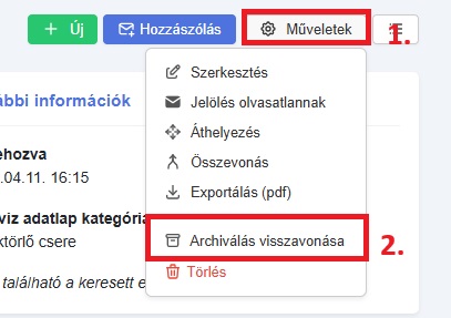 Adatlap archiválás visszavonása