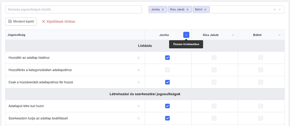 Modul, adatlap hozzáférések beállítása