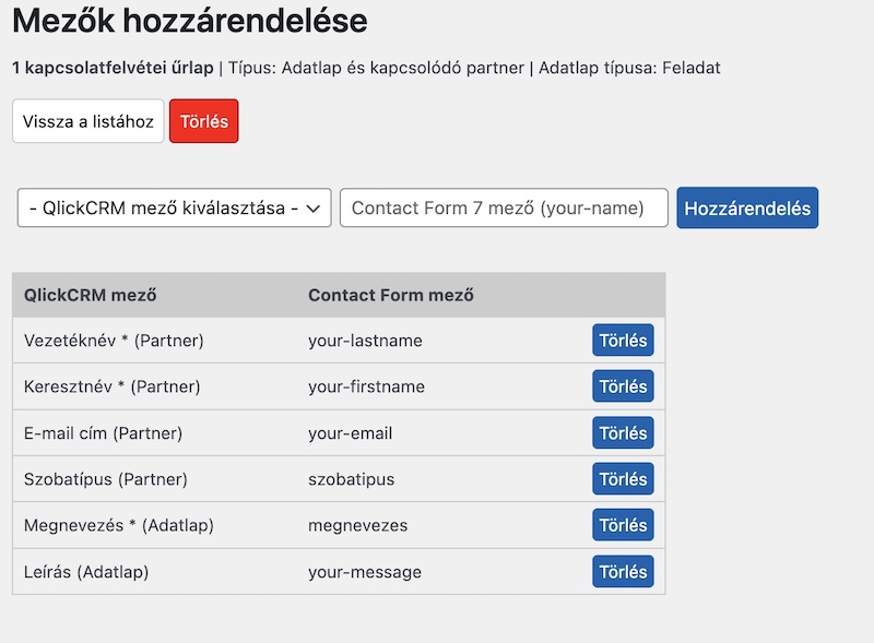 CRM rendszer mezők párosítása 1.