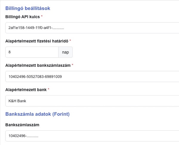 QlickCRM Billingo bankszámla és API beállítások