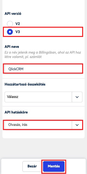 Billingo API kulcs létrehozása 2.