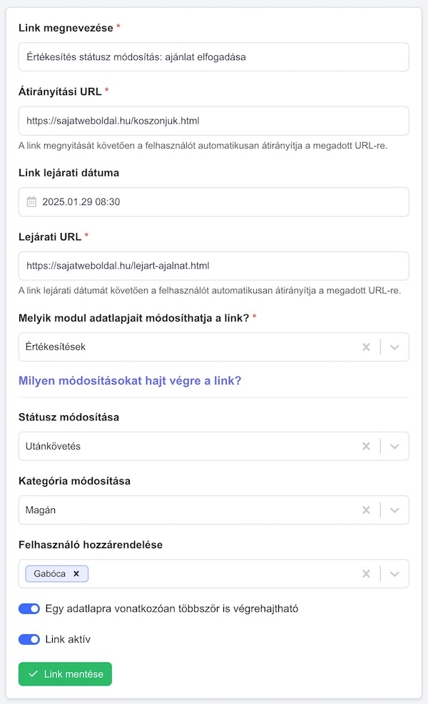CRM rendszer műveleti link beállítás űrlap