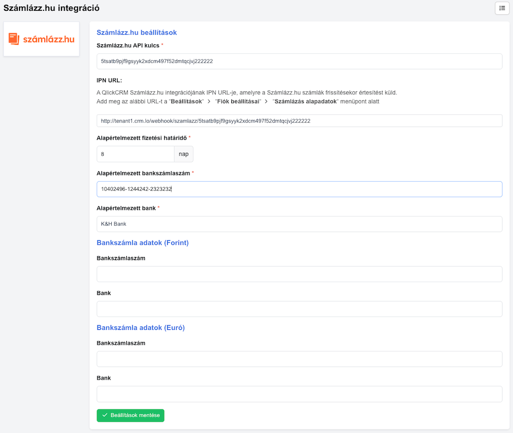 CRM rendszer Szamlazz.hu beállítások