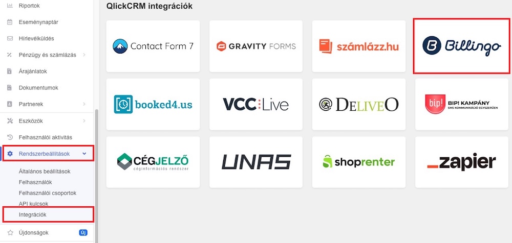 Billingo QlickCRM integráció
