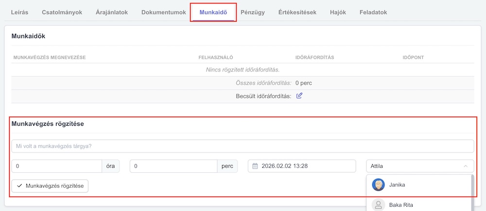 Adatlap munkaidő rögzítése manuálisan - QlickCRM