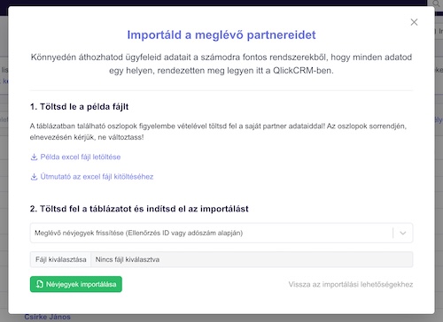 Partnerek importálása modal.