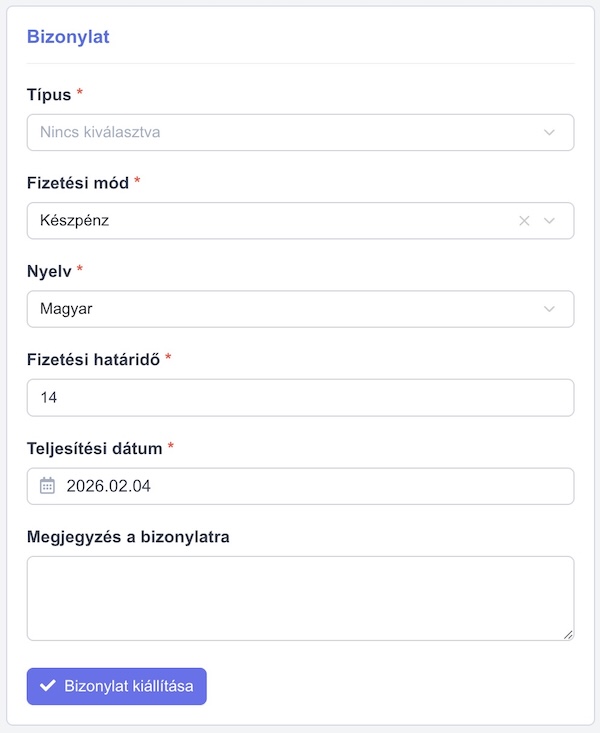 CRM rendszer új díjbekérő vagy számla kiállítása űrlap