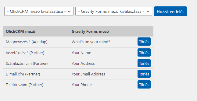 Gravity Forms - QlickCRM mezők beállítása 2.