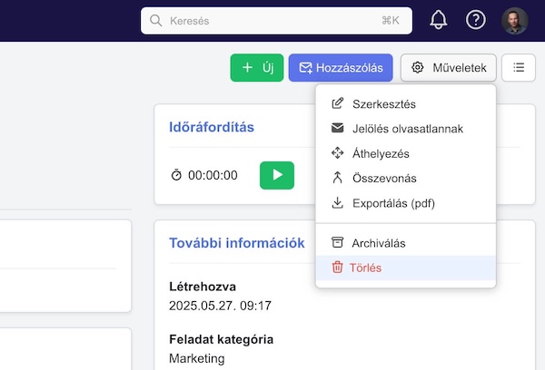 Adatlap, feladat törlése a QlickCRM-ben 1. lépés