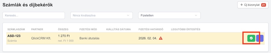 Számla, díjbekérő fizetettre állítása.