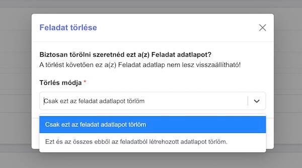 Adatlap, feladat törlése a QlickCRM-ben 2. lépés