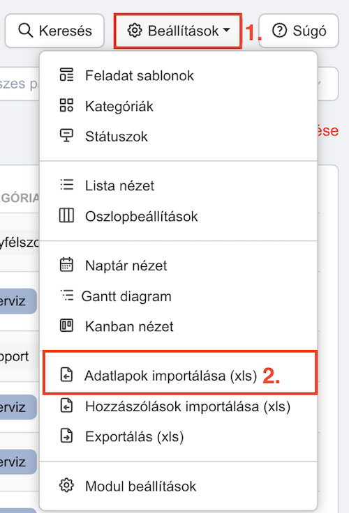 Adatlapok importálása