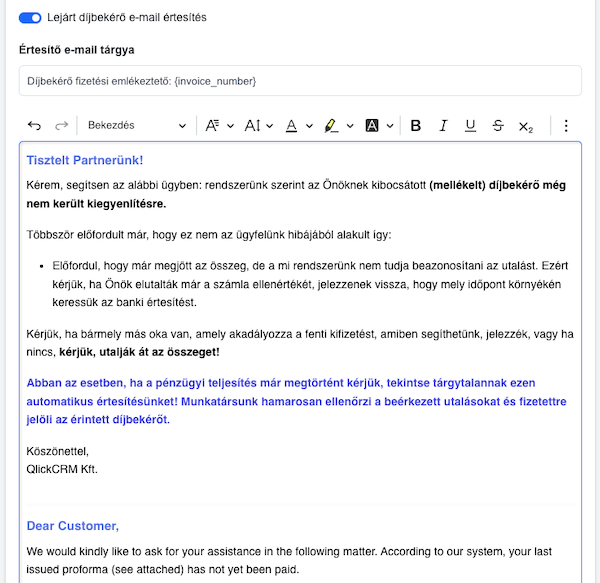 Lejárt számla és díjbekérő e-mail értesítés 2. lépés