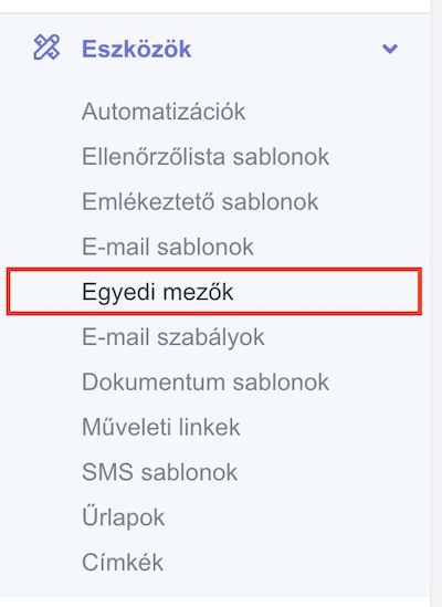 Egyedi mezők menüpont a QlickCRM-ben