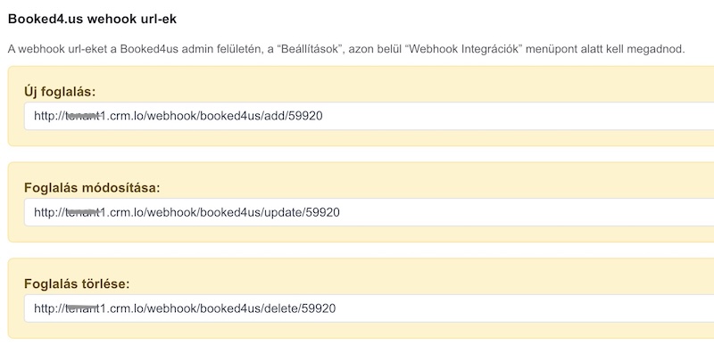 Booked4.us webhook url-ek QlickCRM-ben