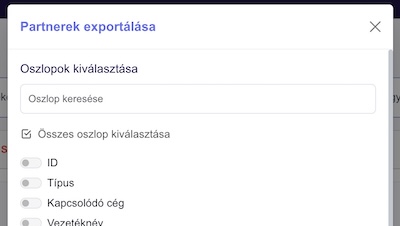Partner export oszlopok kiválasztása