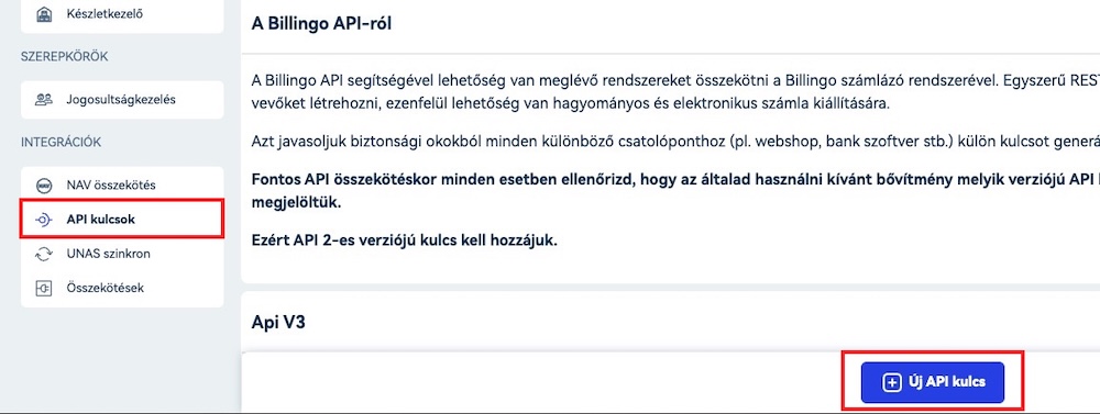 Billingo API kulcs létrehozása 1.